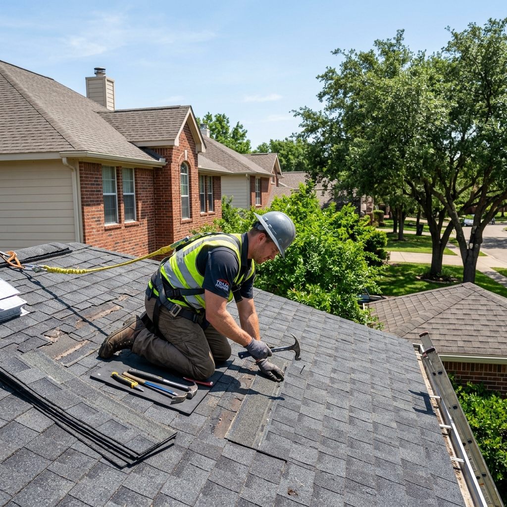 Roof repair service in Cypress TX - contractor inspecting damaged shingles